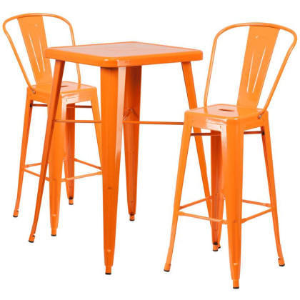 23.75'' Square Orange Metal Indoor-Outdoor Bar Table Set with 2 Stools with Backs - CH-31330B-2-30GB-OR-GG