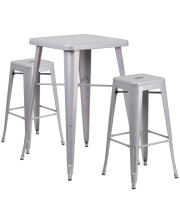 23.75'' Square Silver Metal Indoor-Outdoor Bar Table Set with 2 Square Seat Backless Stools - CH-31330B-2-30SQ-SIL-GG