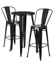 24'' Round Black Metal Indoor-Outdoor Bar Table Set With 2 Cafe Stools