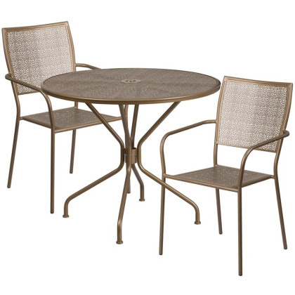 35.25'' Round Gold Indoor-Outdoor Steel Patio Table Set with 2 Square Back Chairs - CO-35RD-02CHR2-GD-GG
