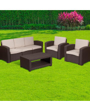 4 Piece Outdoor Faux Rattan Chair<li/><li> Sofa and Table Set in Chocolate Brown