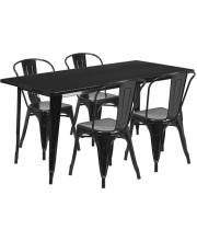 31.5'' x 63'' Rectangular Black Metal Indoor-Outdoor Table Set with 4 Stack Chairs - ET-CT005-4-30-BK-GG