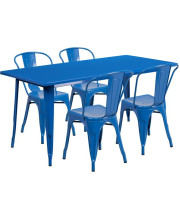 31.5'' x 63'' Rectangular Blue Metal Indoor-Outdoor Table Set with 4 Stack Chairs - ET-CT005-4-30-BL-GG