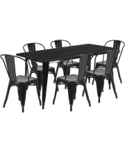 31.5'' x 63'' Rectangular Black Metal Indoor-Outdoor Table Set with 6 Stack Chairs - ET-CT005-6-30-BK-GG