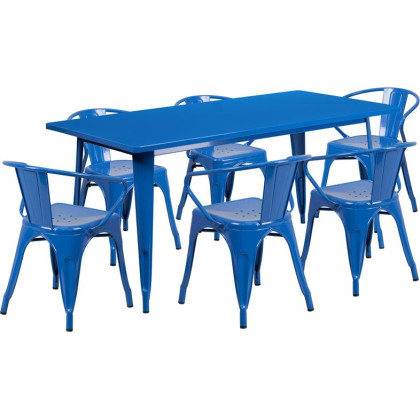 31.5'' x 63'' Rectangular Blue Metal Indoor-Outdoor Table Set with 6 Arm Chairs - ET-CT005-6-70-BL-GG