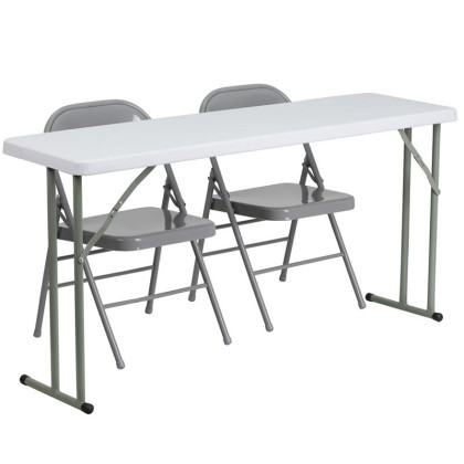 18'' x 60'' Plastic Folding Training Table Set with 2 Gray Metal Folding Chairs - RB-1860-1-GG