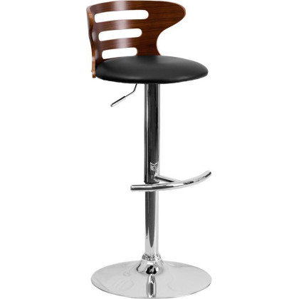 Walnut Bentwood Adjustable Height Barstool with Cutout Back and Black Vinyl Seat - SD-2019-WAL-GG