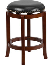 24 High Backless Light Cherry Wood Counter Height Stool with Black Leather Swivel Seat - TA-68924-LC-CTR-GG