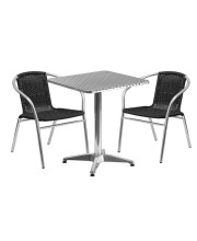 23.5'' Square Aluminum Indoor-Outdoor Table Set with 2 Black Rattan Chairs