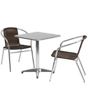 23.5'' Square Aluminum Indoor-Outdoor Table Set with 2 Dark Brown Rattan Chairs - TLH-ALUM-24SQ-020CHR2-GG