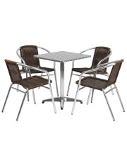 23.5'' Square Aluminum Indoor-Outdoor Table Set with 4 Dark Brown Rattan Chairs - TLH-ALUM-24SQ-020CHR4-GG
