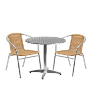 31.5'' Round Aluminum Indoor-Outdoor Table Set with 2 Beige Rattan Chairs - TLH-ALUM-32RD-020BGECHR2-GG