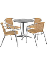 31.5'' Round Aluminum Indoor-Outdoor Table Set with 4 Beige Rattan Chairs - TLH-ALUM-32RD-020BGECHR4-GG