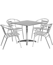 31.5'' Square Aluminum Indoor-Outdoor Table Set with 4 Slat Back Chairs