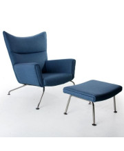 FineMod Wing Chair and Ottoman in Wool Blue