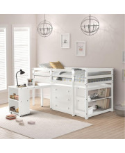 Low Study Twin Loft Bed With Cabinet And Rolling Portable Desk White