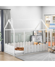 (Slats Are Not Included) Twin Size Wood Bed House Bed Frame With Fence, For Kids, Teens, Girls, Boys (White )
