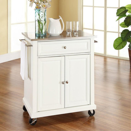 Stainless Steel Top Portable Kitchen Cart/Island In White Finish