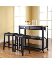 Natural Wood Top Kitchen Cart/Island In Black Finish With 24Inch Black Upholstered Saddle Stools