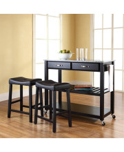 Solid Granite Top Kitchen Cart/Island In Black Finish With 24Inch Black Upholstered Saddle Stools
