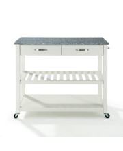 Solid Granite Top Kitchen Cart/Island With Optional Stool Storage In White Finish