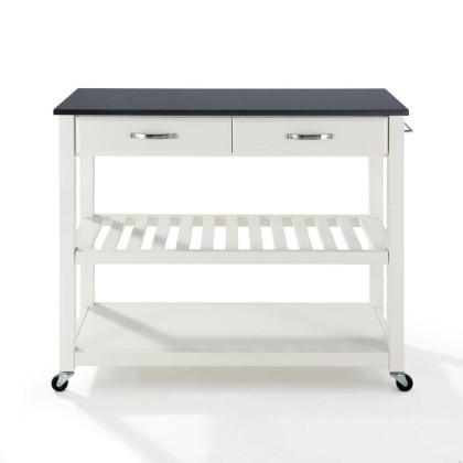 Solid Black Granite Top Kitchen Cart/Island With Optional Stool Storage In White Finish