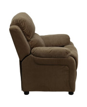 Deluxe Padded Contemporary Brown Microfiber Kids Recliner with Storage Arms