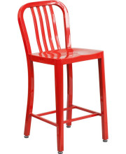 24'' High Red Metal Indoor-Outdoor Counter Height Stool with Vertical Slat Back - CH-61200-24-RED-GG