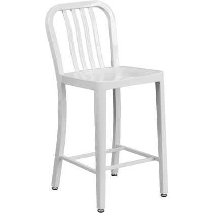 24'' High White Metal Indoor-Outdoor Counter Height Stool with Vertical Slat Back
