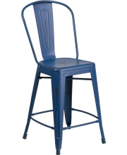 24'' High Distressed Antique Blue Metal Indoor-Outdoor Counter Height Stool with Back - ET-3534-24-AB-GG