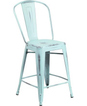 24'' High Distressed Green-Blue Metal Indoor-Outdoor Counter Height Stool with Back - ET-3534-24-DB-GG