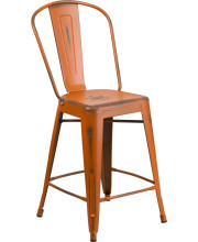 24'' High Distressed Orange Metal Indoor-Outdoor Counter Height Stool with Back - ET-3534-24-OR-GG
