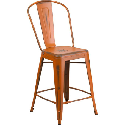 24'' High Distressed Orange Metal Indoor-Outdoor Counter Height Stool with Back - ET-3534-24-OR-GG