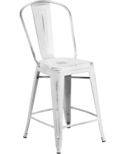 24'' High Distressed White Metal Indoor-Outdoor Counter Height Stool with Back - ET-3534-24-WH-GG