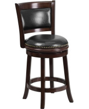 24'' High Cappuccino Wood Counter Height Stool with Black Leather Swivel Seat