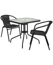 28'' Square Glass Metal Table with Black Rattan Edging and 2 Black Rattan Stack Chairs - TLH-073SQ-037BK2-GG