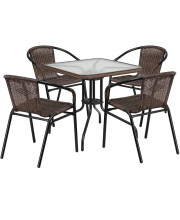28'' Square Glass Metal Table with Dark Brown Rattan Edging and 4 Dark Brown Rattan Stack Chairs