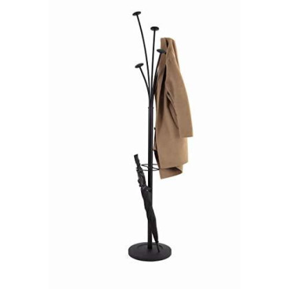 Coat Stand - 5 Hooks - Clothes, Umbrella, Accessories Holder - Stable Weighted Base - Easy Assembly - Metal and Plastic - Black - PMFESTY N - ALBA