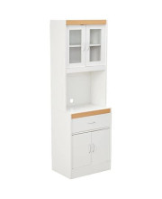 Hodedah Long Standing Kitchen Cabinet with Top & Bottom Enclosed Cabinet Space, One Drawer, Large Open Space for Microwave, White