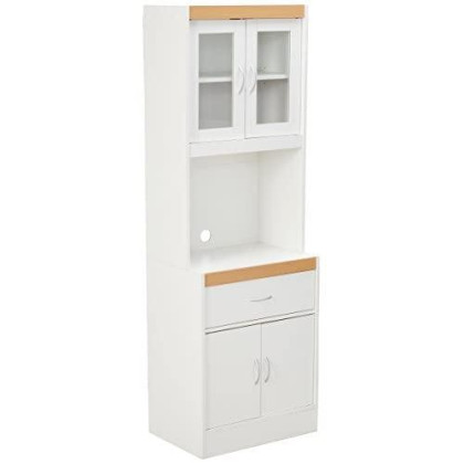 Hodedah Long Standing Kitchen Cabinet with Top & Bottom Enclosed Cabinet Space, One Drawer, Large Open Space for Microwave, White