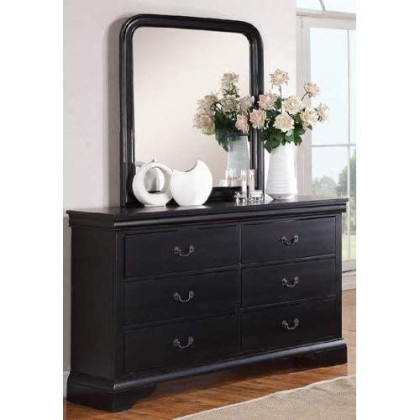 Poundex Louis Phillipe Bedroom Set Featuring French Style Sleigh Platform Bed and Matching Nightstand, Dresser, Mirror, Chest, Queen, Black