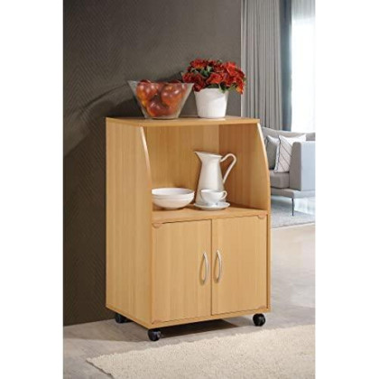 Hodedah Mini Microwave Cart with Two Doors and Shelf for Storage, Beech
