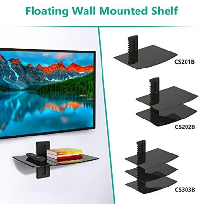 WALI Floating Entertainment Center Shelves, Holds Up to 17.6lbs, TV Shelf with Strengthened Tempered Glasses for DVD Players, Cable Boxes, Games Consoles, TV Accessories (CS201B), 1 Shelf, Black