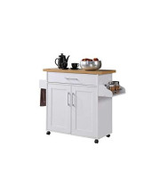 Hodedah Kitchen Island with Spice Rack, Towel Rack & Drawer, White with Beech Top