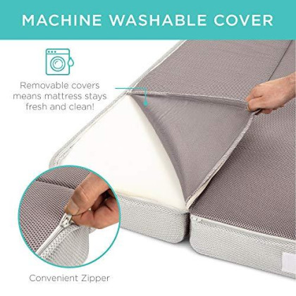 Best Choice Products 4in Thick Folding Portable Queen Mattress Topper w/Bonus Carry Case, Plush Foam, Washable Cover - Gray