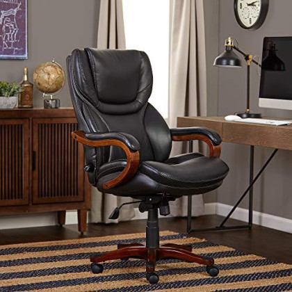 Serta Big and Tall Executive Office Chair with Wood Accents Adjustable High Back Ergonomic Lumbar Support, Bonded Leather, Black