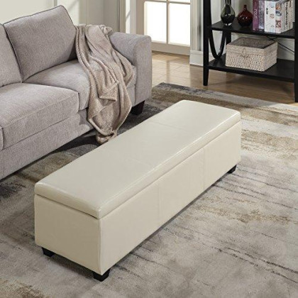 BELLEZE Modern 48 Inch Ottoman Bench Footstool Upholstered Faux Leather Decor for Living Room, Entryway, or Bedroom with Storage & Safety-Hinge Lid - Amherst (Cream)