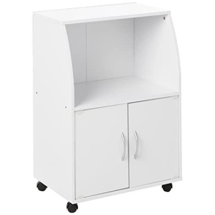 Hodedah Mini Microwave Cart with Two Doors and Shelf for Storage, White + Beech