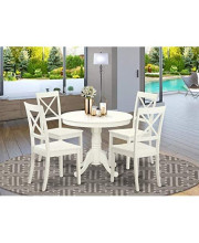 East-West Furniture Dinette Set- 4 Fantastic Wood Dining Chairs - A Lovely Round Wooden Table- Wooden Seat and Linen White Pedestal Dining Table