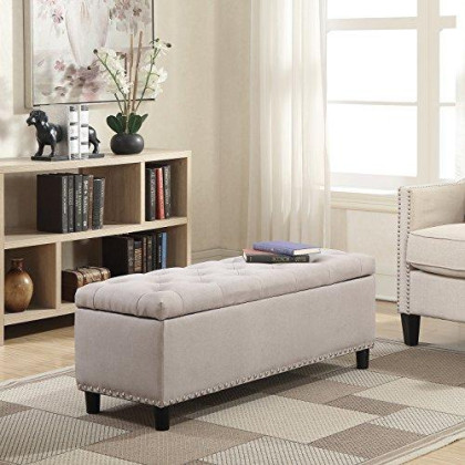BELLEZE Modern 47 Inch Luxury Button Tufted Ottoman Bench Footrest Upholstered Linen Fabric Decor for Living Room, Entryway, or Bedroom with Storage - Brentwood (Natural)